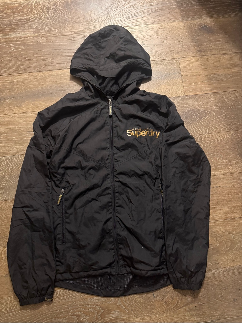 Superdry Black Hooded Windbreaker with Gold Logo
